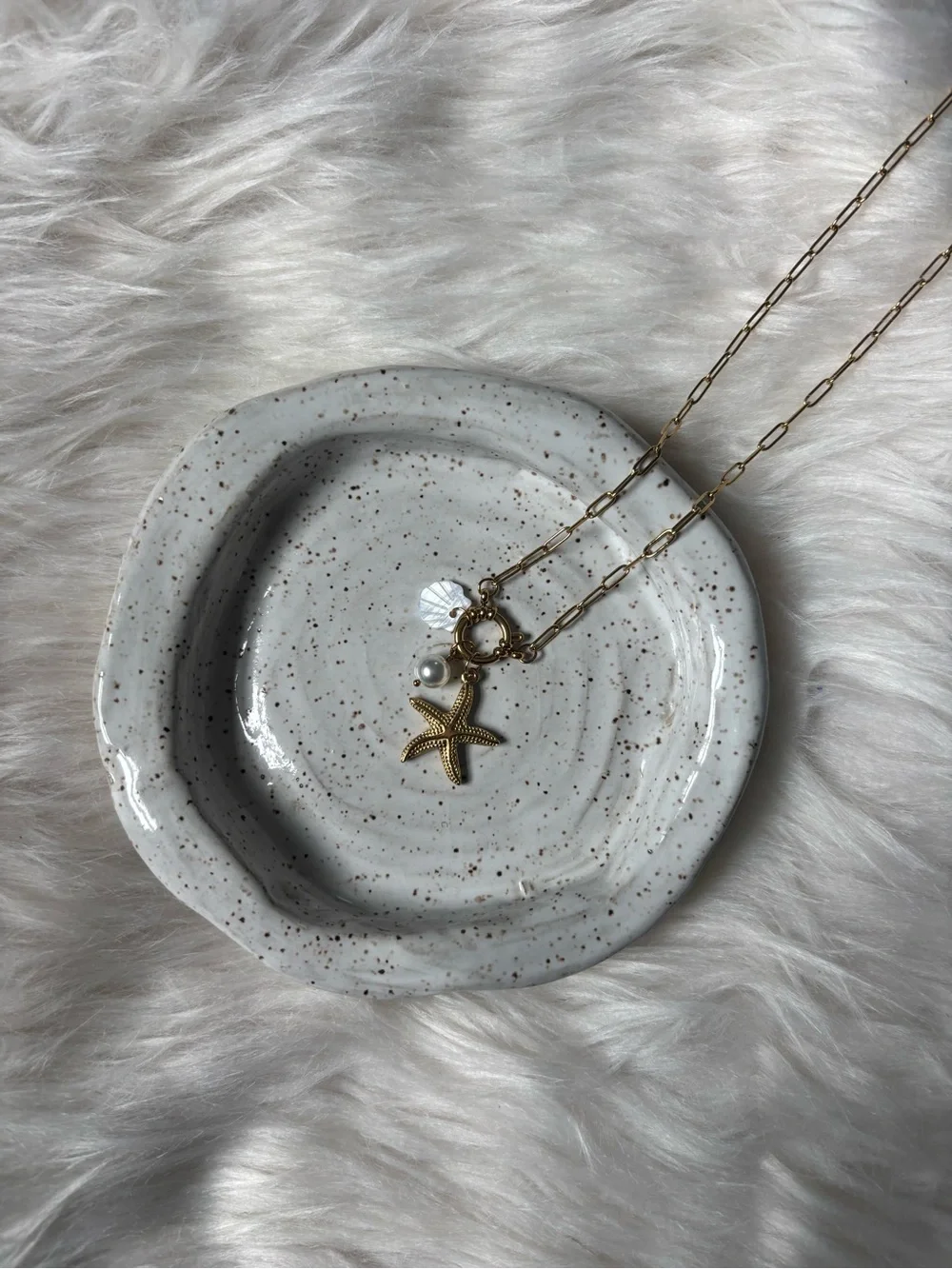 Gold Starfish Pendant Necklace with Pearl and Shell Charm